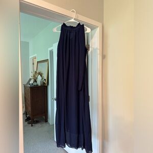 Navy blue halter neck sleeveless maxi dress with ruffle